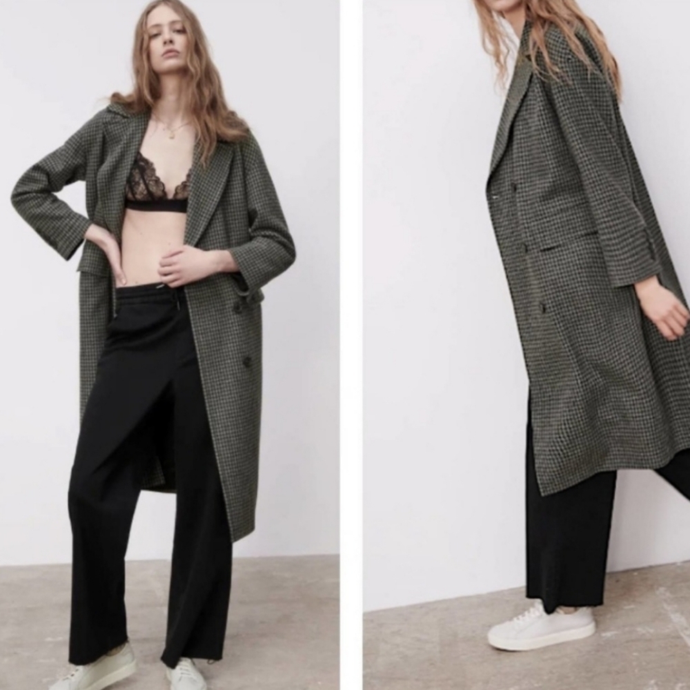 NEW Zara Wool Blend Oversized Double Breasted Long Houndstooth Coat Gray…